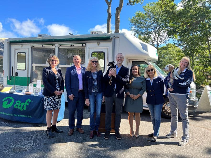 Left to Right: East Hampton Town Deputy Supervisor Kathee Burke-Gonzalez, NY State Senator Anthony Palumbo, Kent Animal Shelter Executive Director Pam Green, ARF Executive Director Scott Howe with Sparky (Dog), Legislative Aide for Assemblyman Fred Thiele, Jr. Thali Olaya, Southampton Animal Shelter Foundation Executive Director Pat Deshong, Southampton Animal Shelter Foundation’s Nicole Tumilowicz with Marley (Dog)