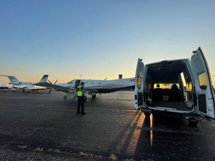 On the tarmac at Republic Airport in Farmingdale.