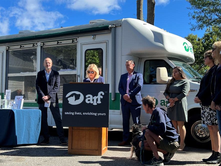 Southampton Animal Shelter Foundation Executive Director Pat Deshong addresses the crowd.