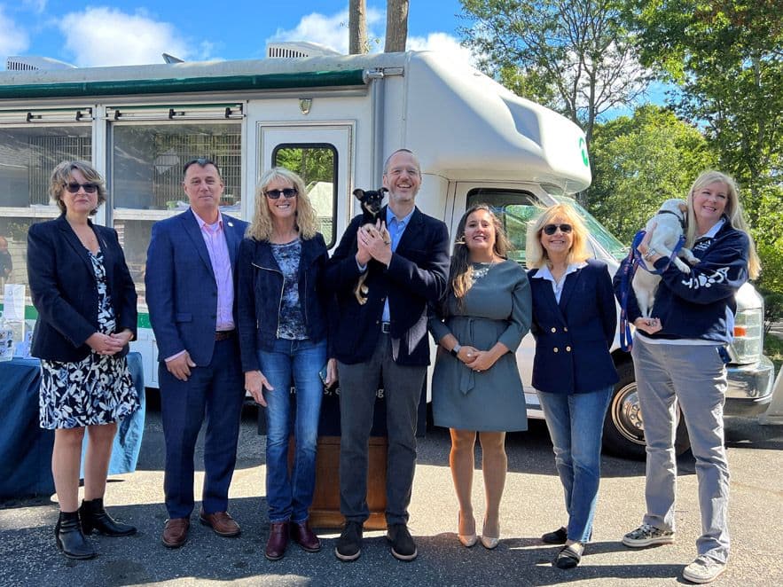 Left to Right: East Hampton Town Deputy Supervisor Kathee Burke-Gonzalez, NY State Senator Anthony Palumbo, Kent Animal Shelter Executive Director Pam Green, ARF Executive Director Scott Howe with Sparky (Dog), Legislative Aide for Assemblyman Fred Thiele, Jr. Thali Olaya, Southampton Animal Shelter Foundation Executive Director Pat Deshong, Southampton Animal Shelter Foundation’s Nicole Tumilowicz with Marley (Dog)